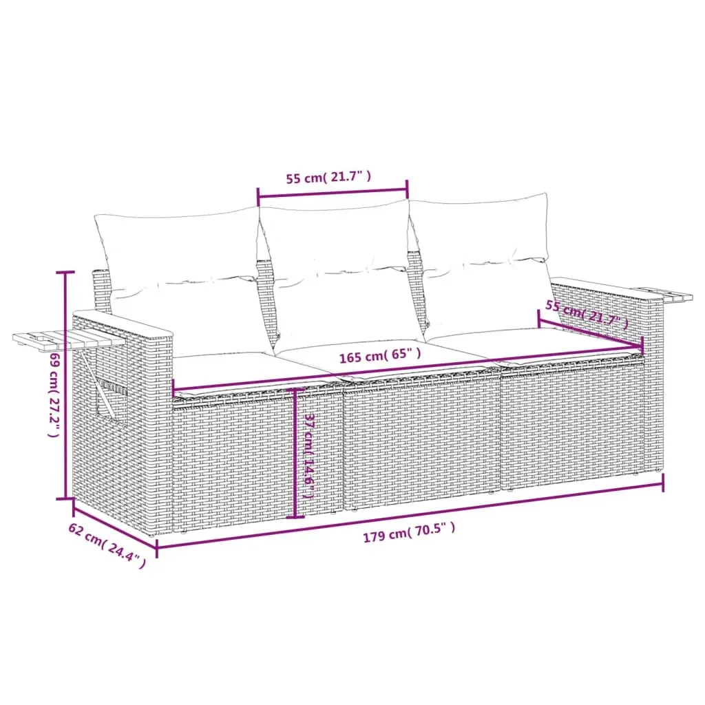 3 Piece Garden Sofa Set Grey Poly Rattan Outdoor Furniture with Cushions
