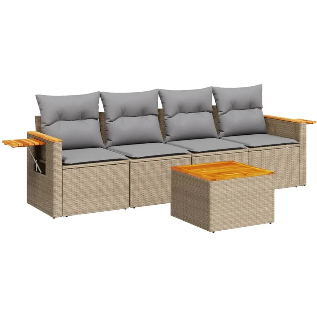5 Piece Outdoor Garden Sofa Set Modular Patio Furniture Beige Poly Rattan with Cushions