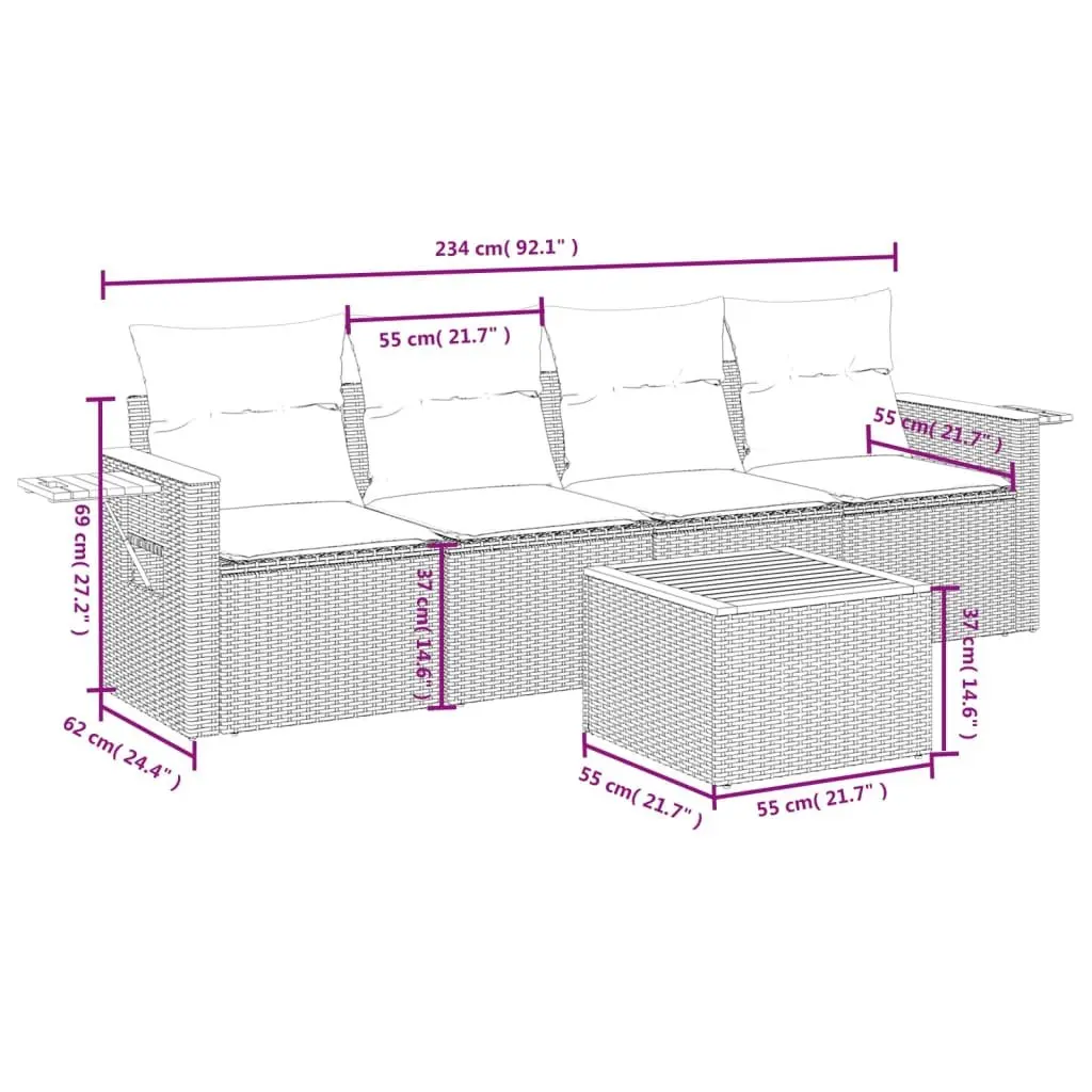 5 Piece Outdoor Garden Sofa Set Modular Patio Furniture Beige Poly Rattan with Cushions