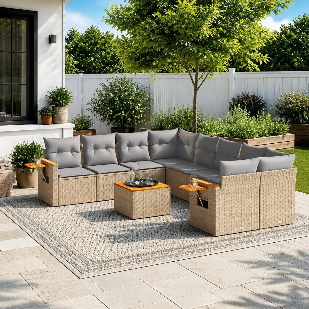 9 Piece Modular Outdoor Garden Sofa Set Beige Poly Rattan
