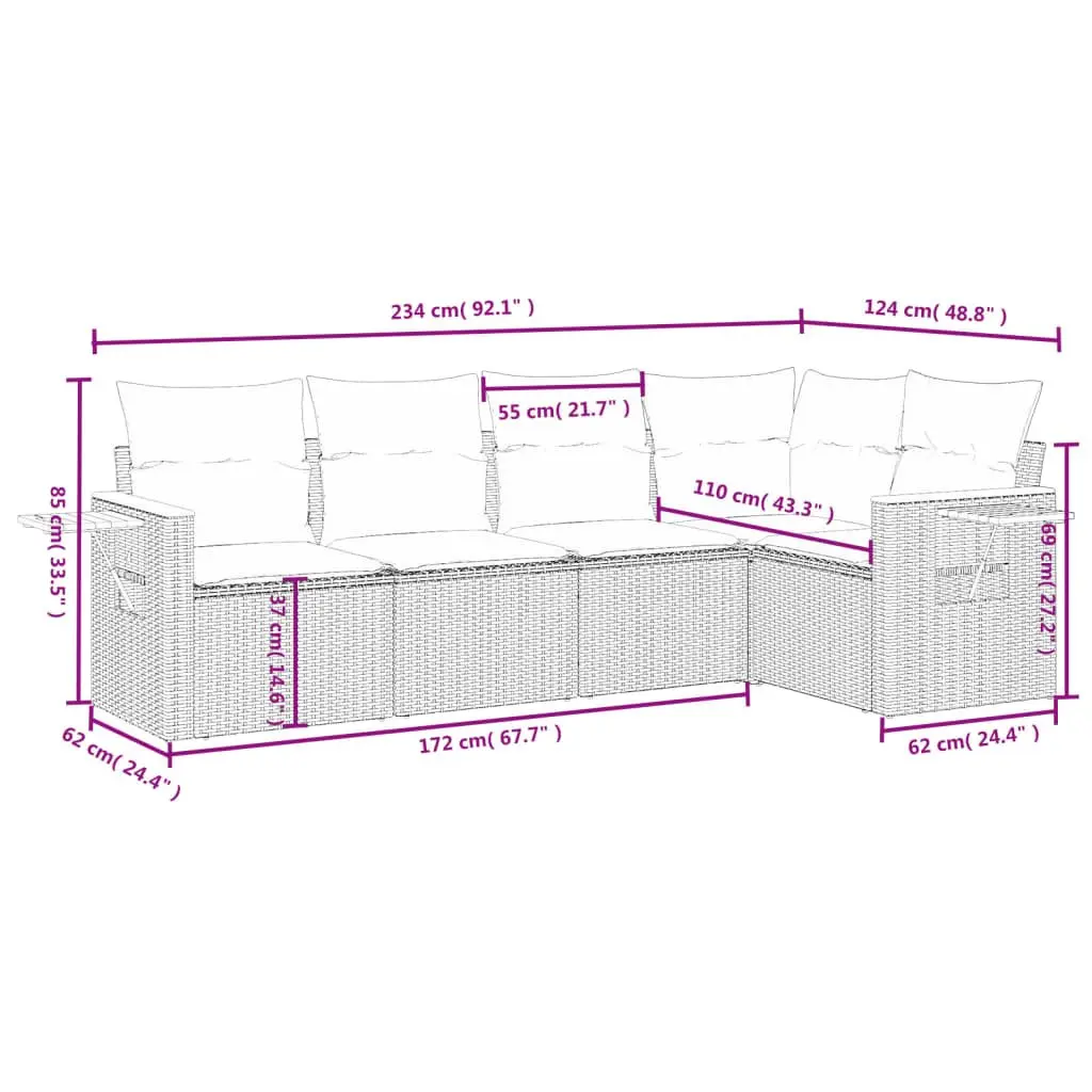 5 Piece Outdoor Garden Sofa Set Grey Poly Rattan Furniture Patio Lounge