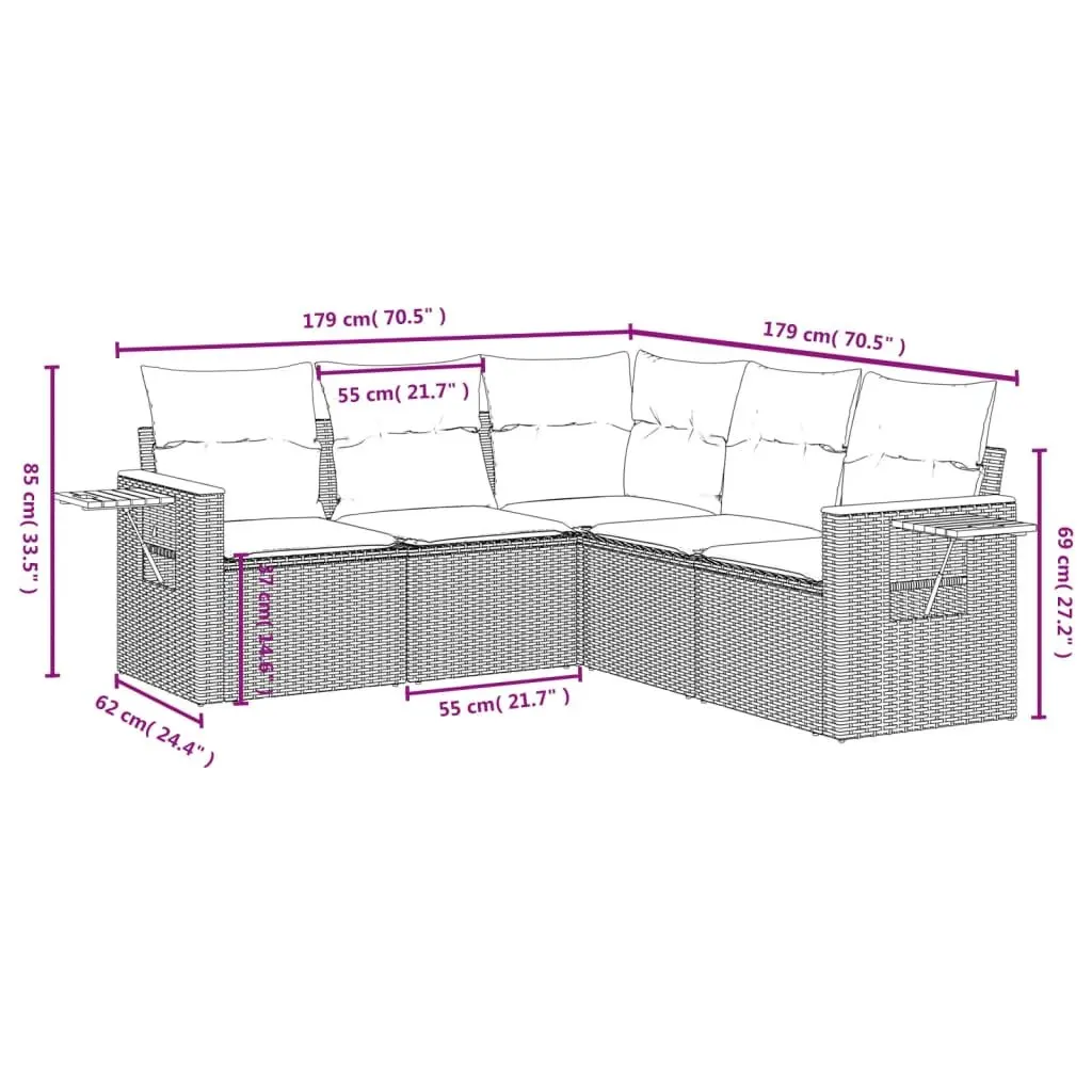 5 Piece Garden Sofa Set Grey Outdoor Furniture Modular Cushions