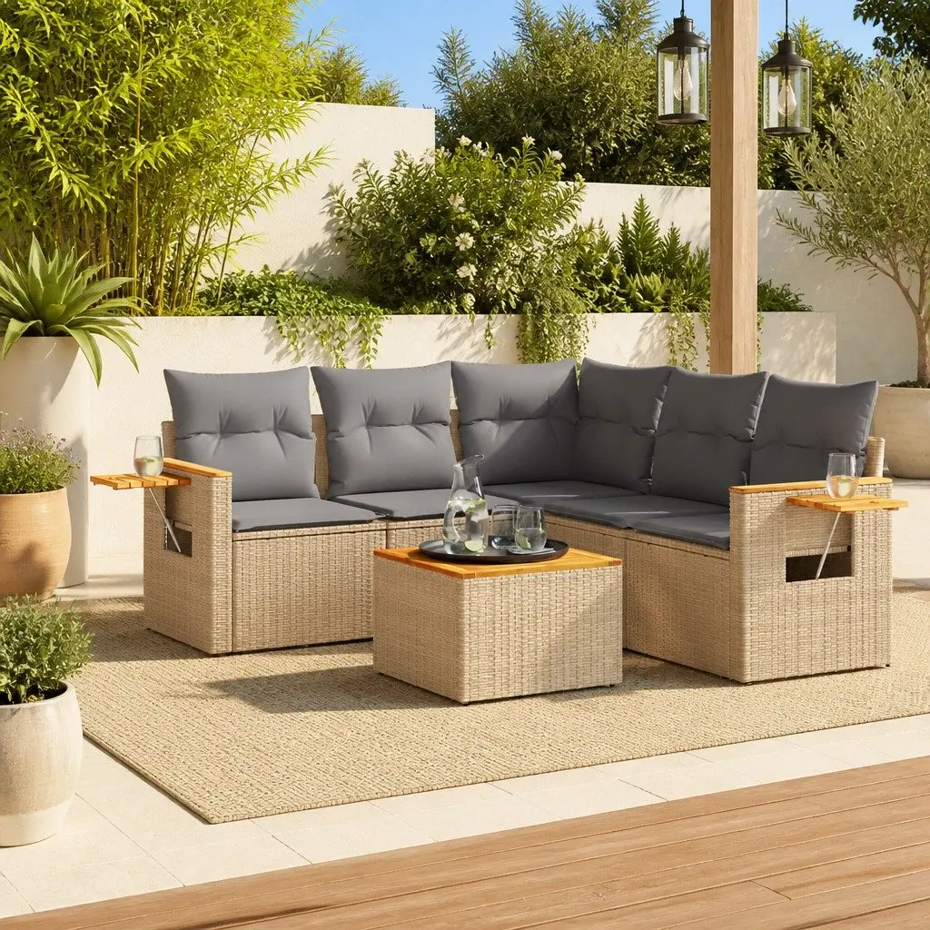 Garden Sofa Set 6 Piece Outdoor Furniture Beige Poly Rattan Patio Sectional