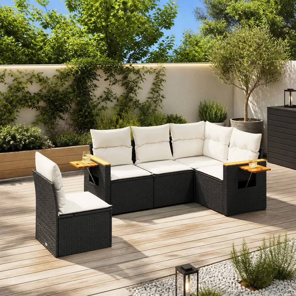 5 Piece Outdoor Garden Sofa Set Black Poly Rattan Patio Furniture with Cushions