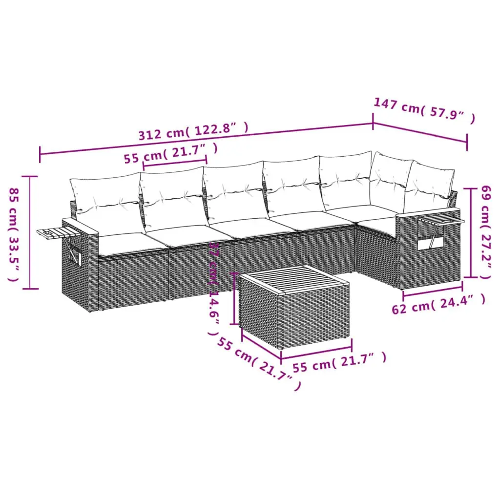 7 Piece Garden Sofa Set Outdoor Furniture Cushions Grey Poly Rattan