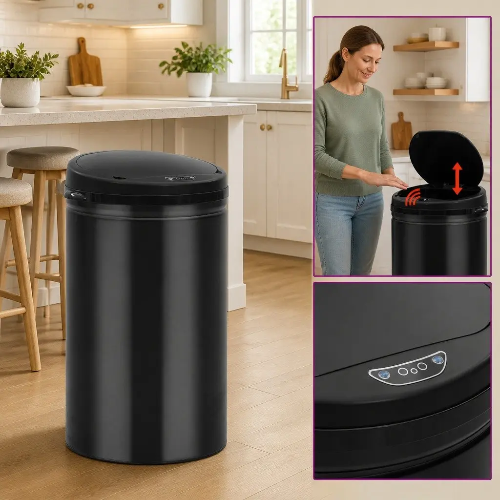 Automatic Sensor Dustbin 30L Waste Bin Touch Free Black Carbon Steel