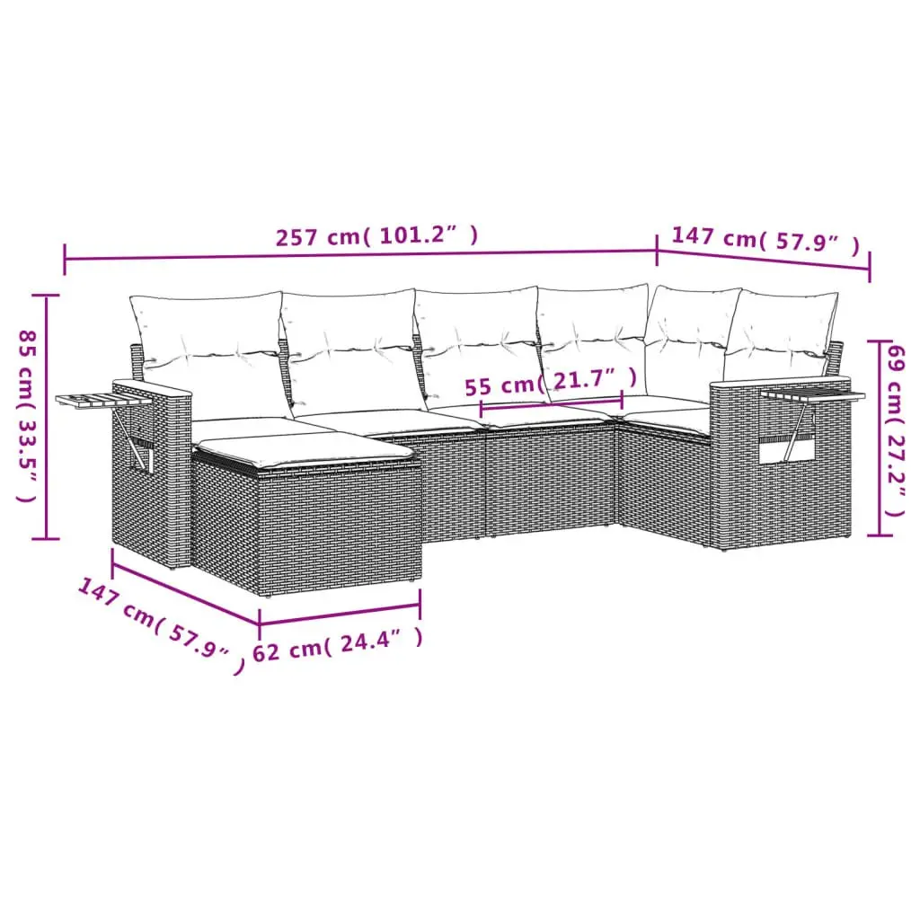 Garden Sofa Set 6 Piece Outdoor Furniture Grey Poly Rattan Modular with Cushions