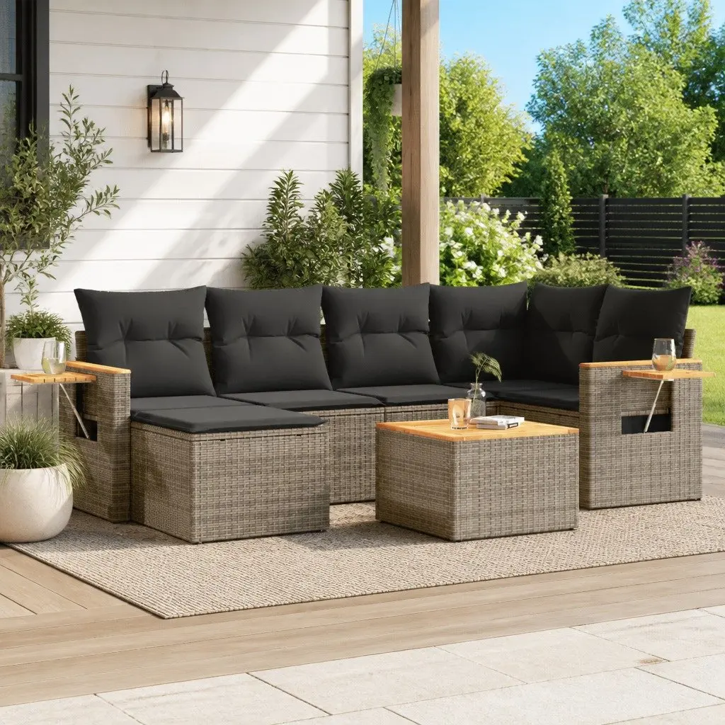 7 Piece Garden Sofa Set Outdoor Patio Furniture Grey Poly Rattan with Cushions