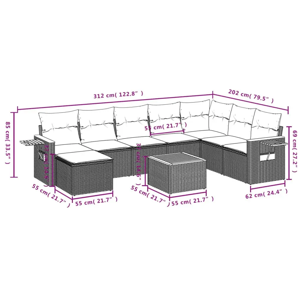 Garden Sofa Set 9 Piece Outdoor Furniture Grey Poly Rattan Patio Seating