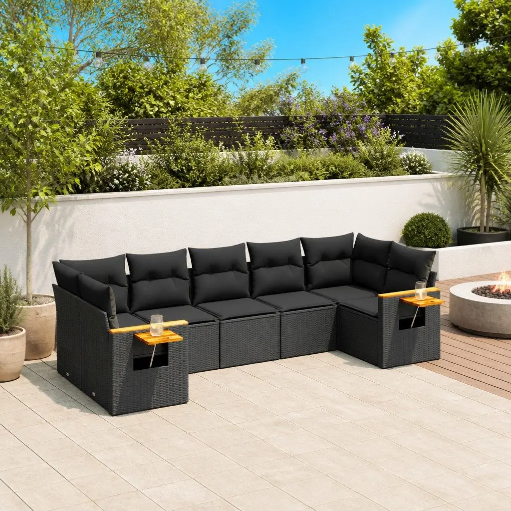 7 Piece Garden Sofa Set with Cushions Black Poly Rattan Outdoor Furniture Patio
