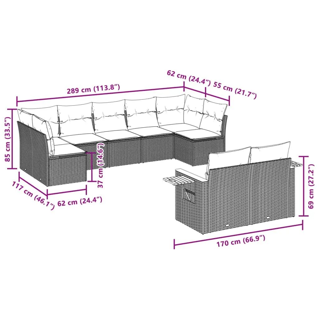 Outdoor Furniture Set 9 Piece Modular Garden Sofa with Cushions Grey Poly Rattan