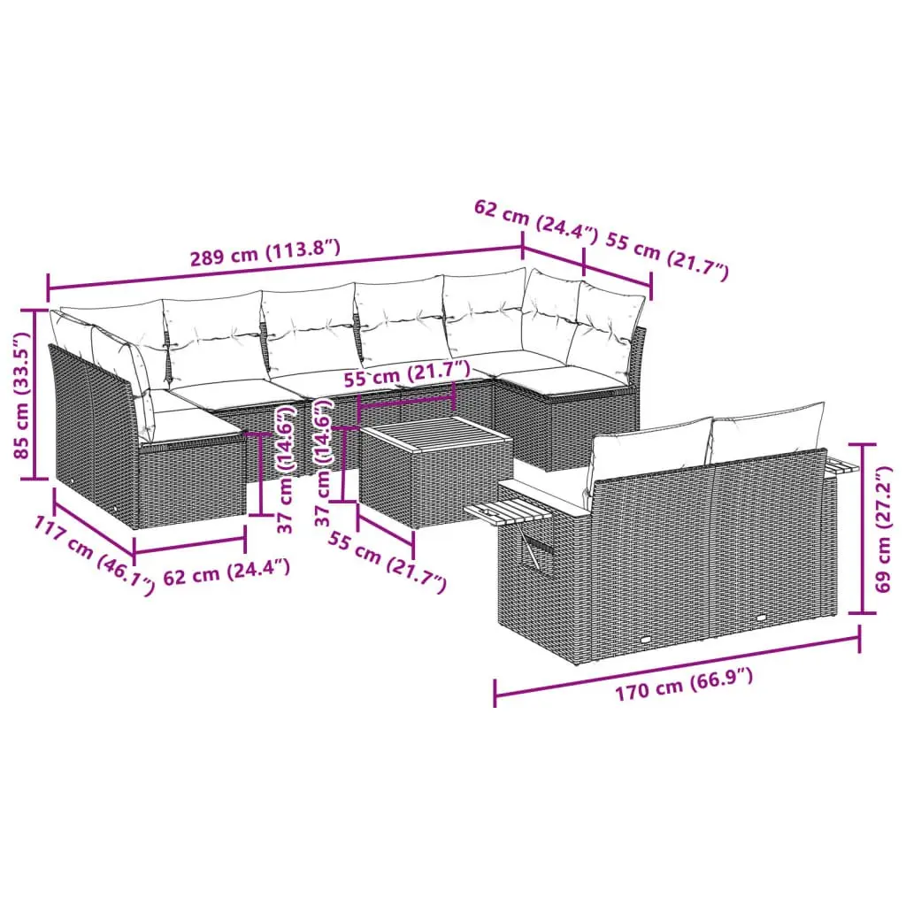 10 Piece Outdoor Garden Sofa Set Modular Beige PE Rattan Patio Furniture with Cushions
