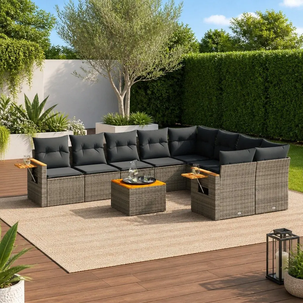 Outdoor Furniture Set Grey Modular 10 Piece Garden Sofa with Cushions and Acacia Wood Table