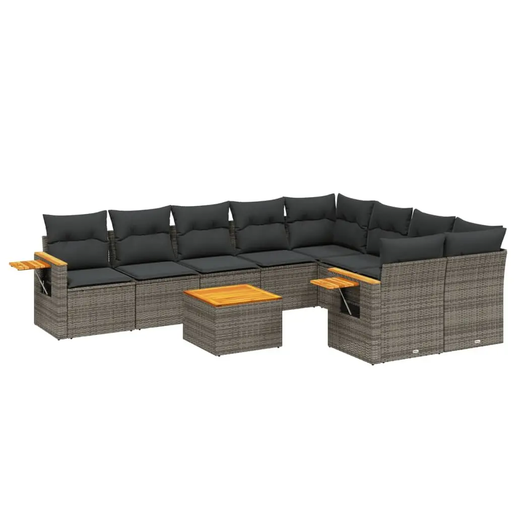 Outdoor Furniture Set Grey Modular 10 Piece Garden Sofa with Cushions and Acacia Wood Table