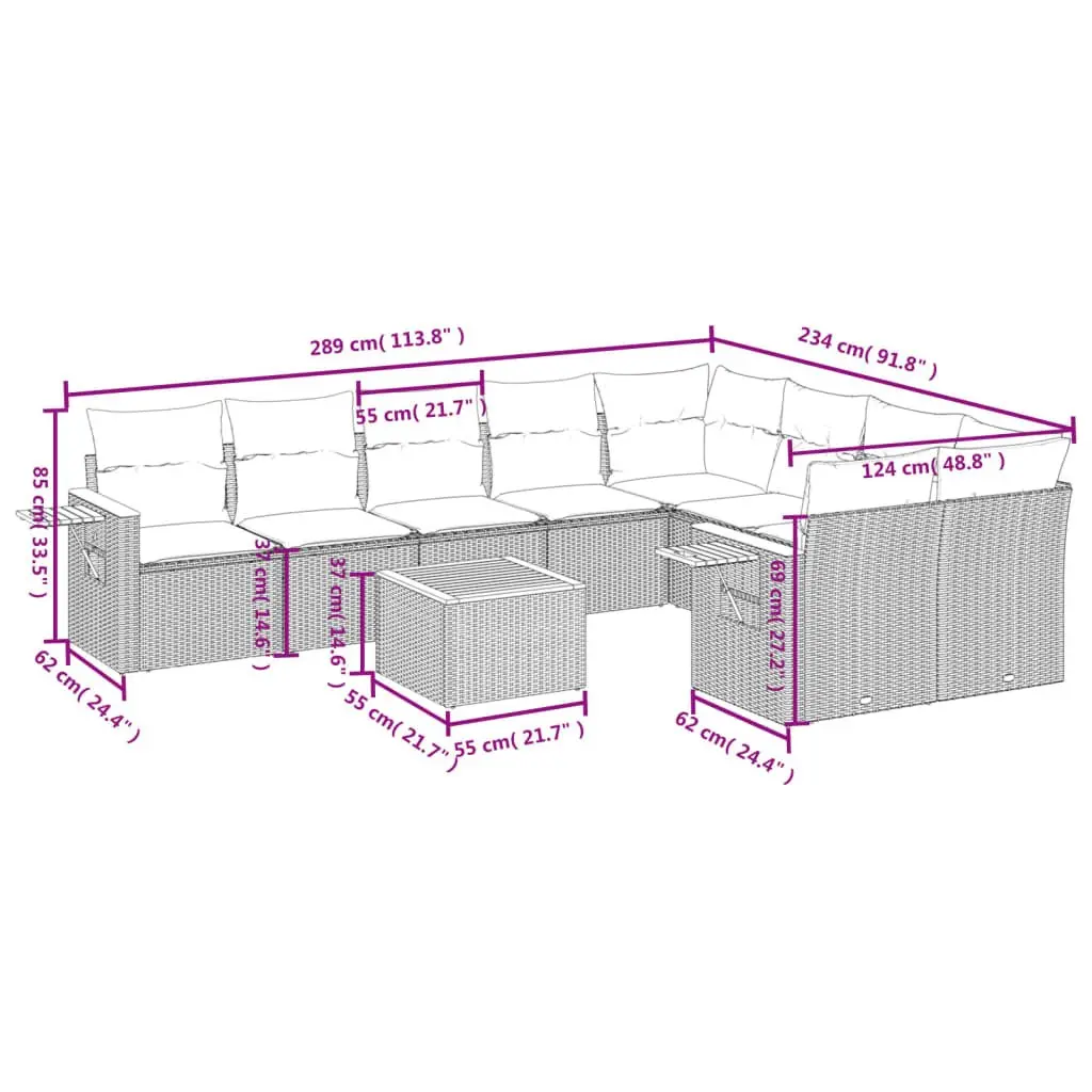 Outdoor Furniture Set Grey Modular 10 Piece Garden Sofa with Cushions and Acacia Wood Table