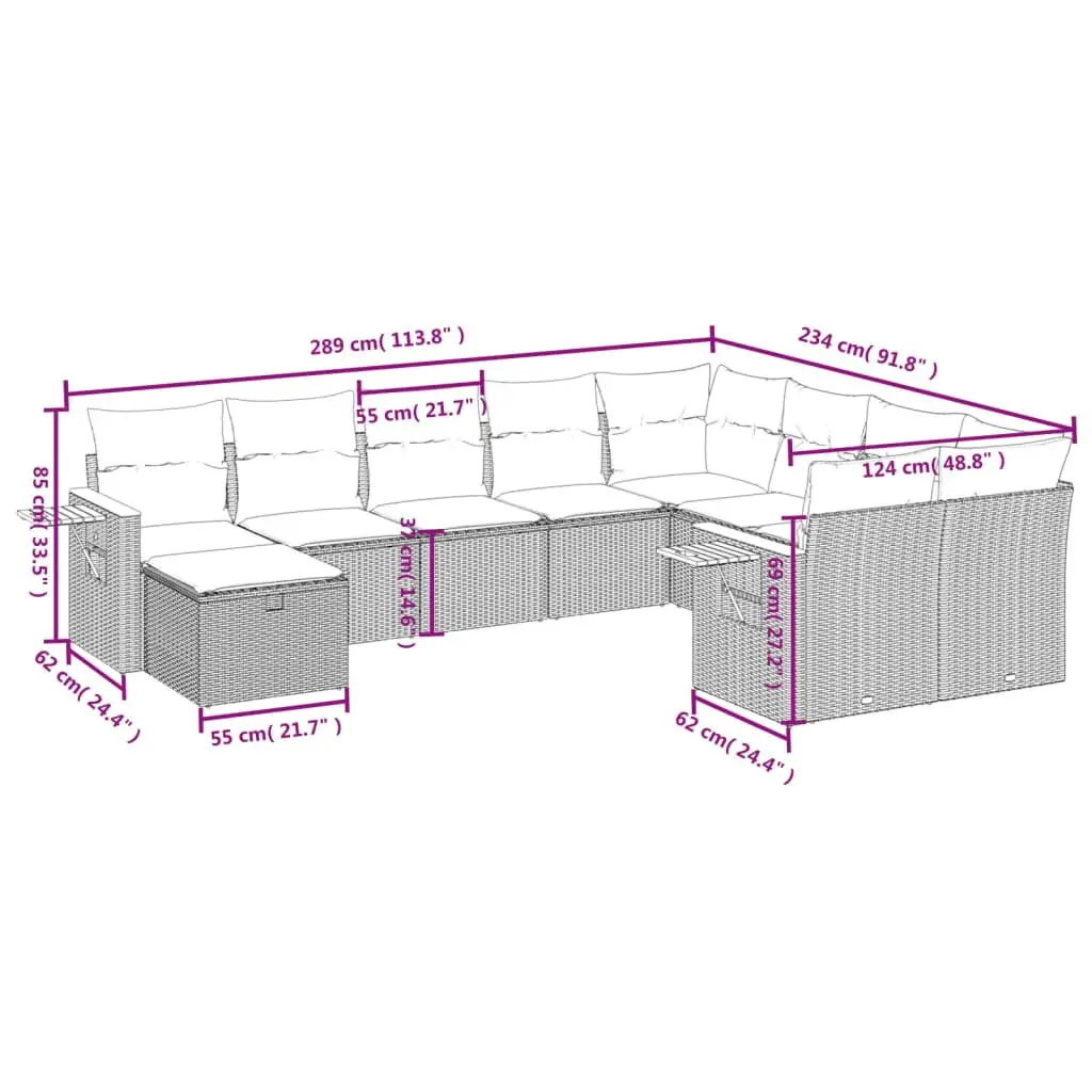 Garden Sofa Set 10 Piece Outdoor Furniture Grey Poly Rattan Modular with Cushions