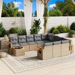 Outdoor Garden Sofa Set 11 Piece Beige Poly Rattan Patio Furniture Modular
