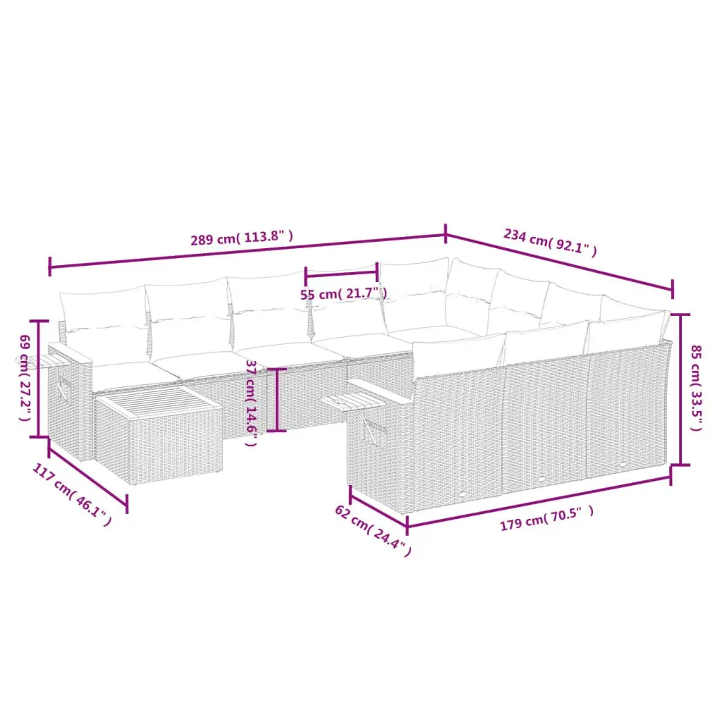 Outdoor Garden Sofa Set 11 Piece Beige Poly Rattan Patio Furniture Modular