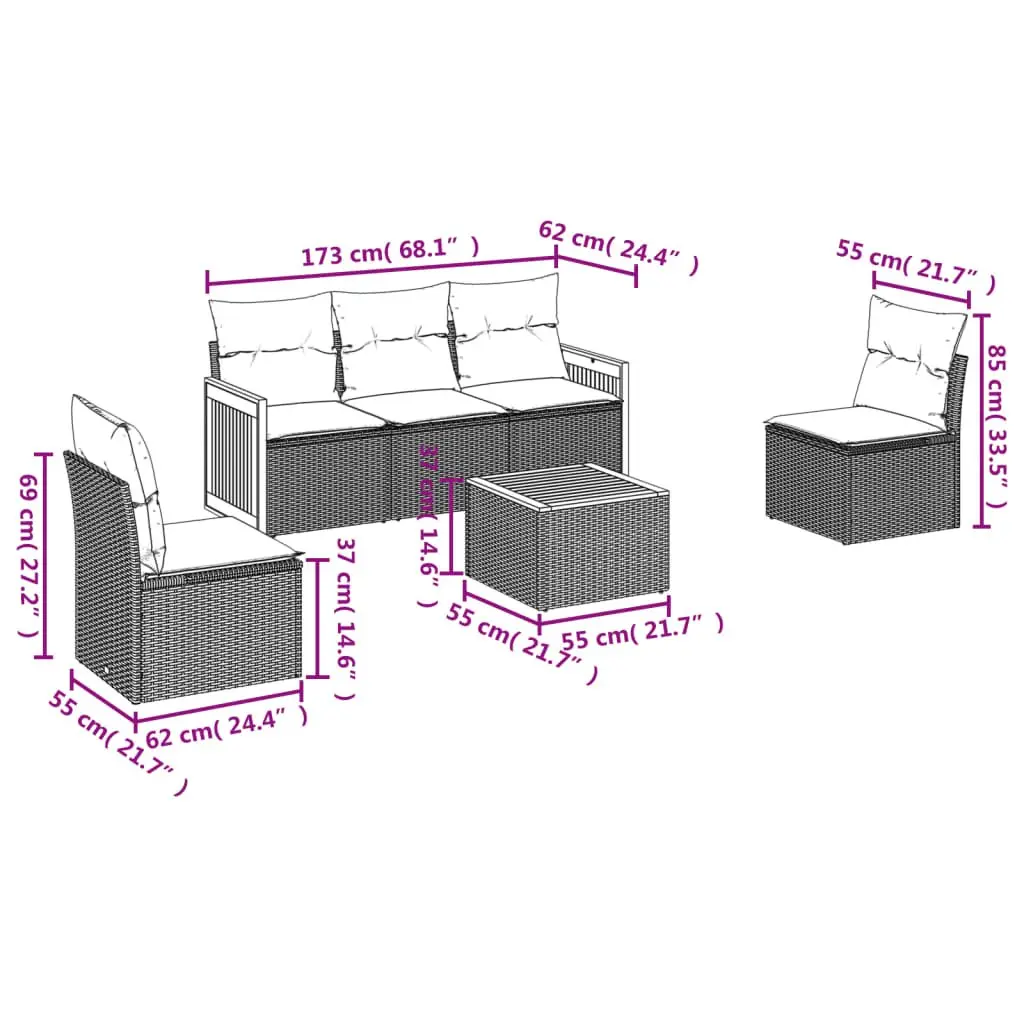 6 Piece Garden Sofa Set Modular Outdoor Patio Furniture Grey