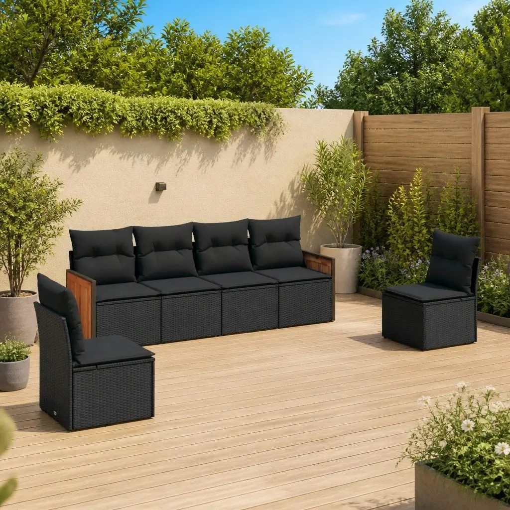 Garden Sofa Set Outdoor Furniture Modular 6 Piece Black Poly Rattan with Cushions
