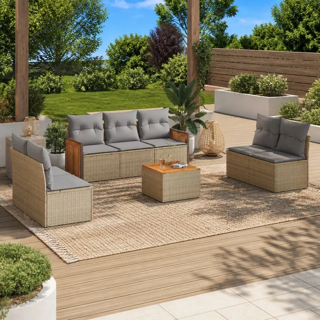 8PieceOutdoorSofaSetBeigePaddedCushionsPErattanwithAcaciaWoodTable