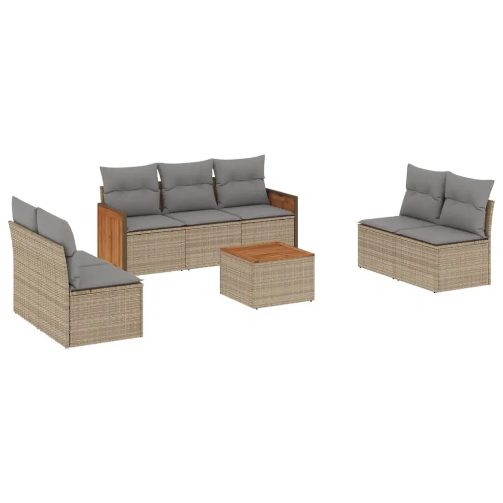 8PieceOutdoorSofaSetBeigePaddedCushionsPErattanwithAcaciaWoodTable