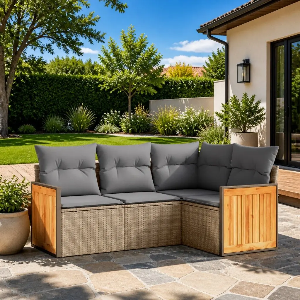Garden Sofa Set Outdoor Furniture 4 Piece Beige Poly Rattan with Cushions
