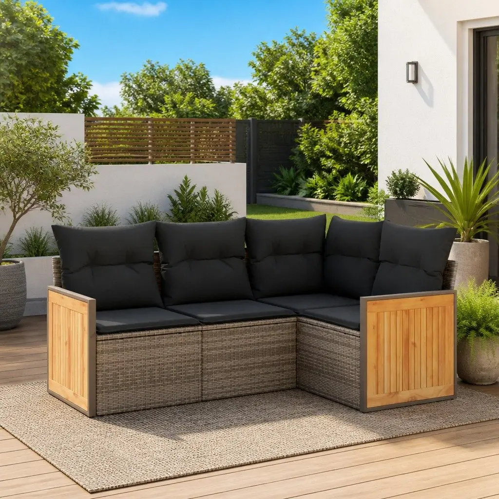 4 Piece Garden Sofa Set Cushions Grey Poly Rattan Outdoor Furniture