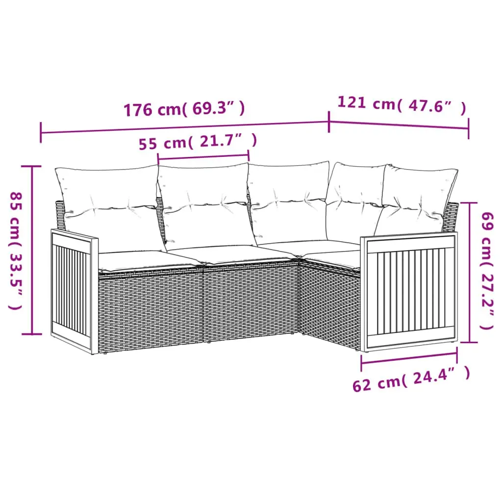 4 Piece Garden Sofa Set Cushions Grey Poly Rattan Outdoor Furniture