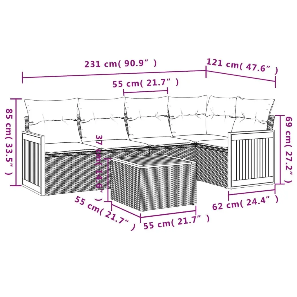 Garden Sofa Set Modular Outdoor Furniture 6 Piece Grey Poly Rattan Patio Seating