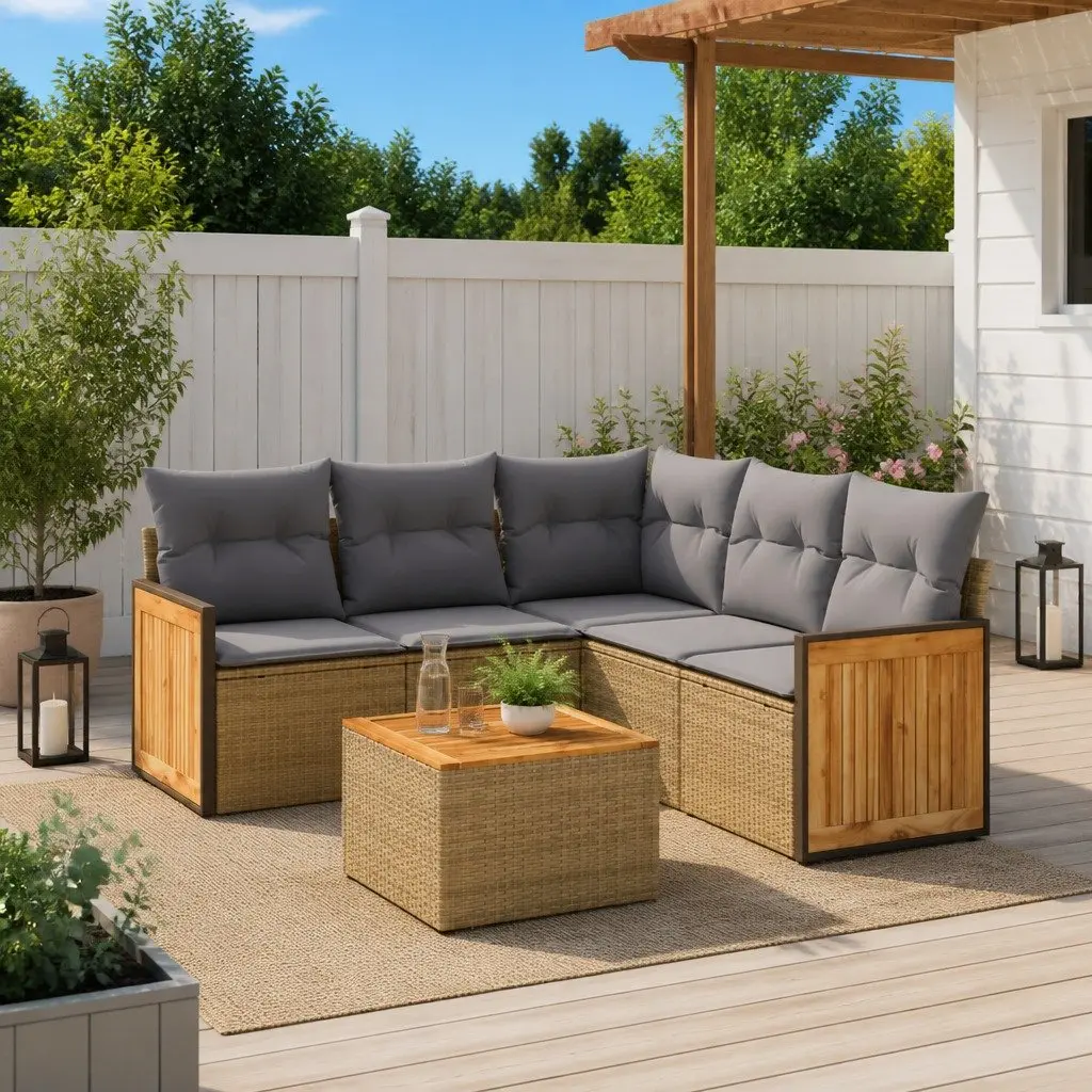 Garden Sofa Set Outdoor Furniture 6 Piece Beige Poly Rattan with Cushions