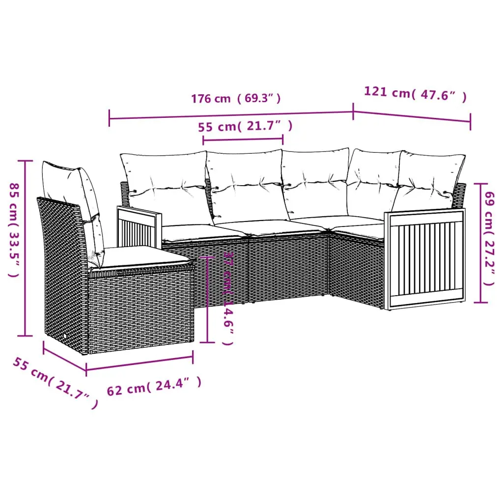 Garden Sofa Set 5 Piece Outdoor Furniture Black Poly Rattan Modular Patio