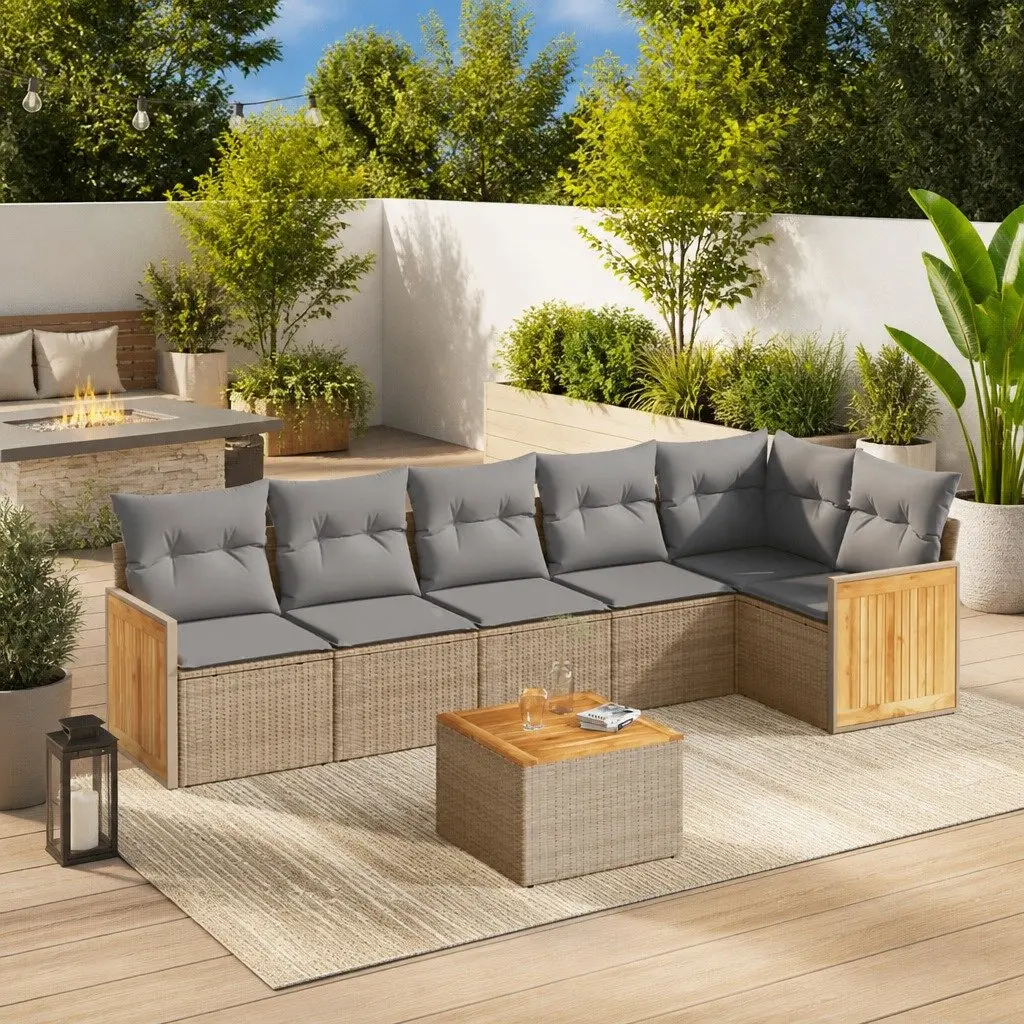 7 Piece Garden Sofa Set Outdoor Patio Furniture Beige PE Rattan with Cushions