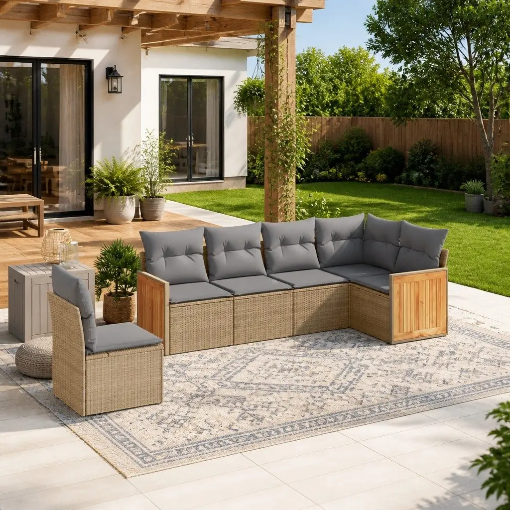 Garden Sofa Set Modular 6 Piece Beige PE Rattan Furniture with Cushions