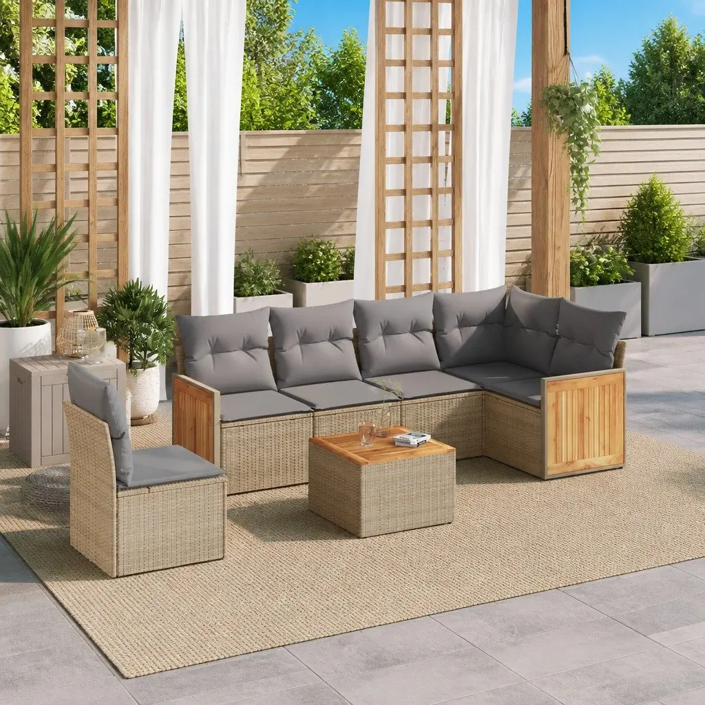 Garden Sofa Set 7 Piece Outdoor Furniture with Cushions Beige Rattan