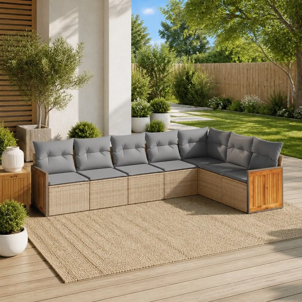 Garden Sofa Set 7 Piece Outdoor Patio Furniture Beige Poly Rattan with Cushions