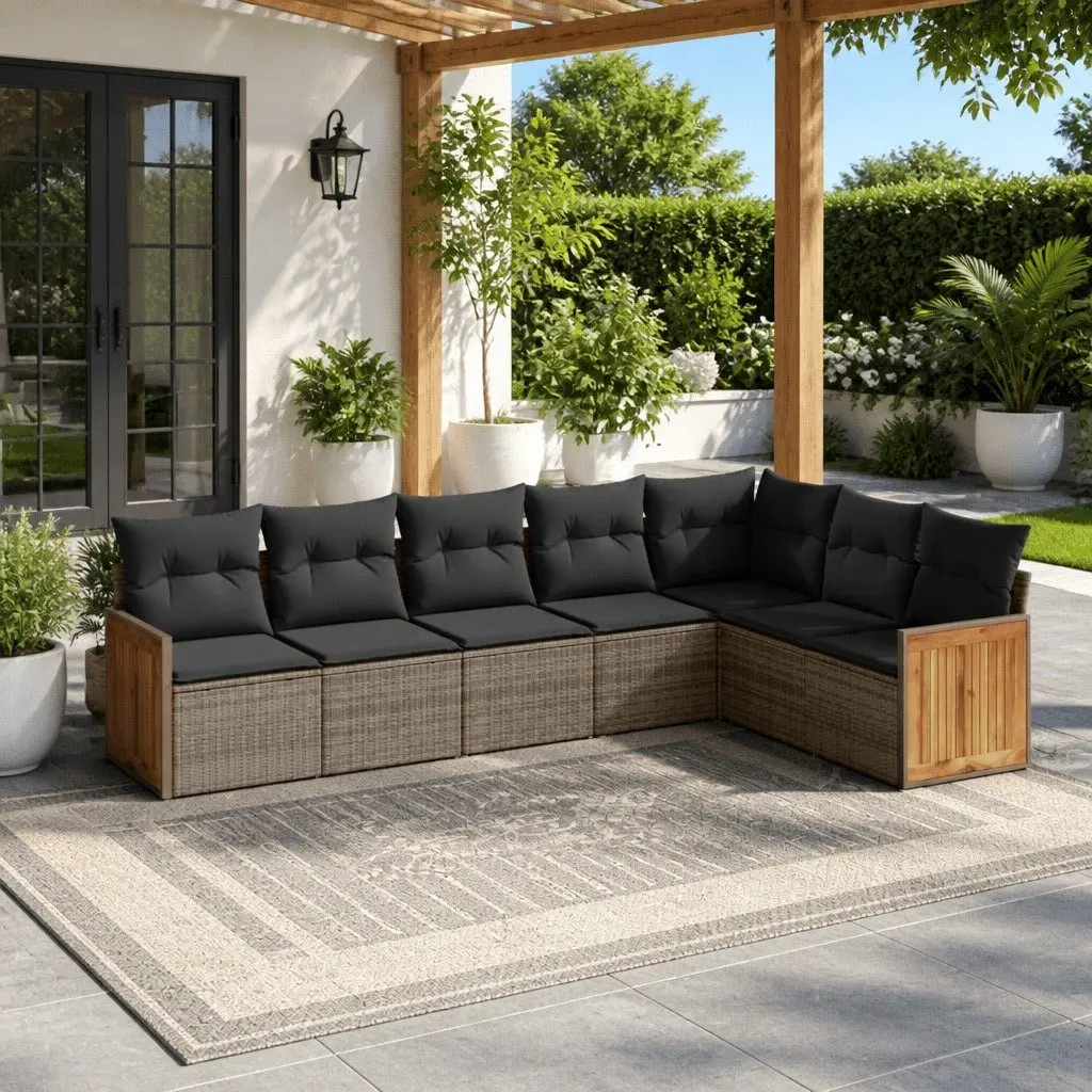 Outdoor Sectional Sofa Set 7 Piece Grey Rattan Cushions for Garden Patio