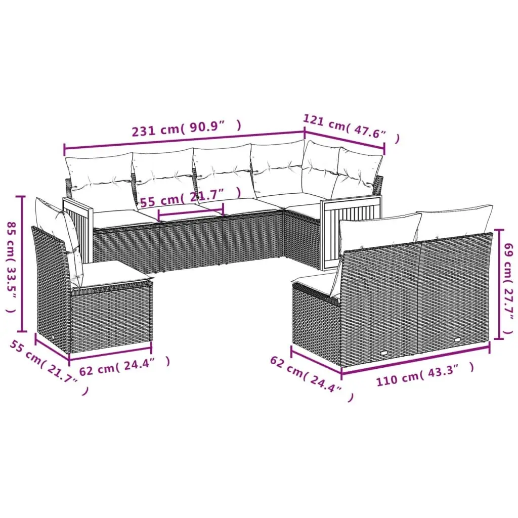 Garden Sofa Set 8 Piece Outdoor Furniture Modular Grey Poly Rattan Patio Lounge