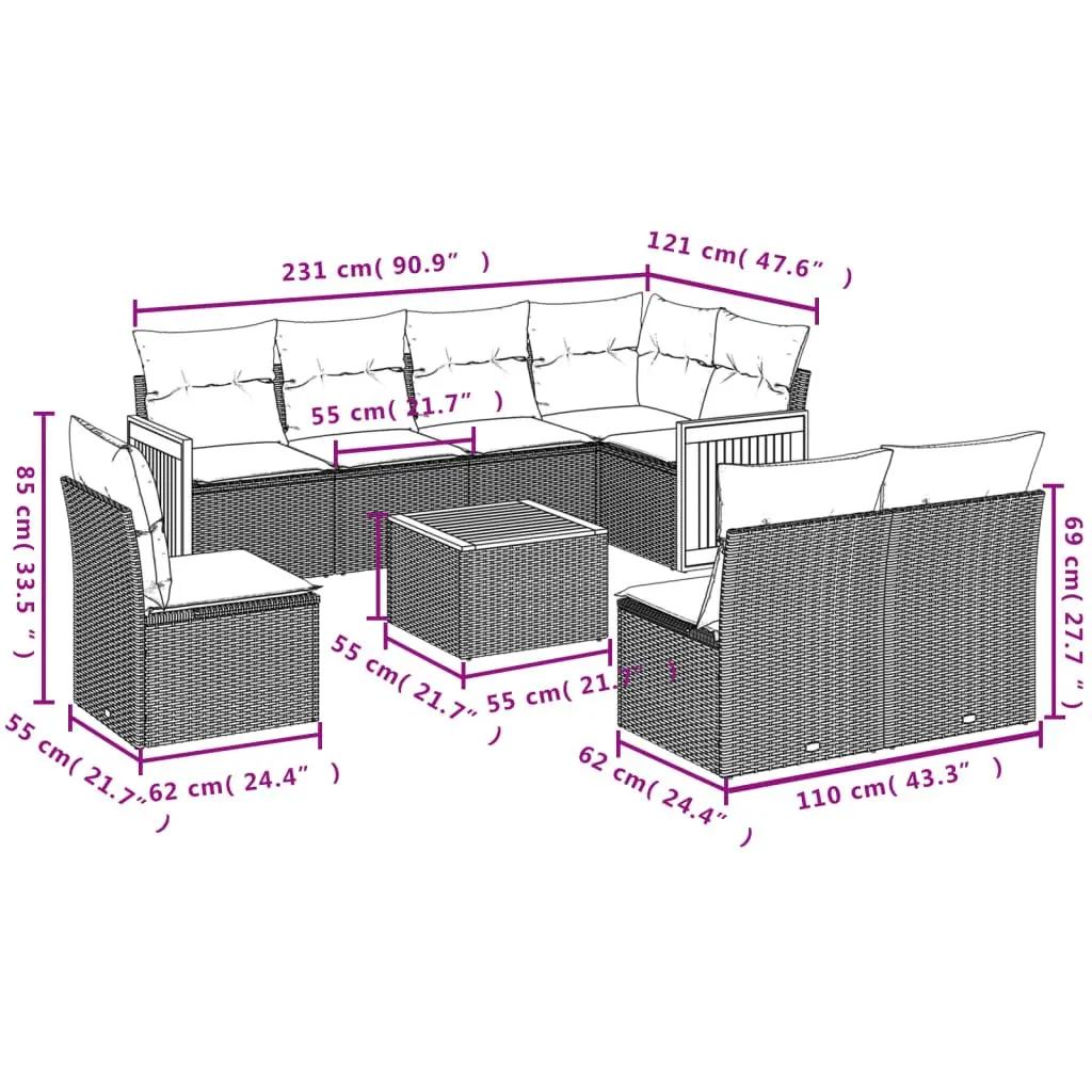 Garden Sofa Set 9 Piece Outdoor Furniture Patio Rattan Grey