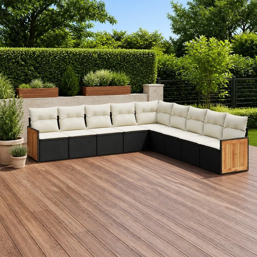 Black 9 Piece Garden Sofa Set with Cushions