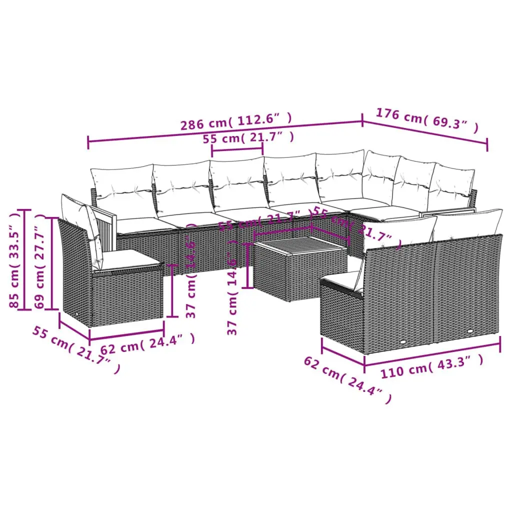 Garden Sofa Set Modular Outdoor Furniture 11 Piece Grey Poly Rattan