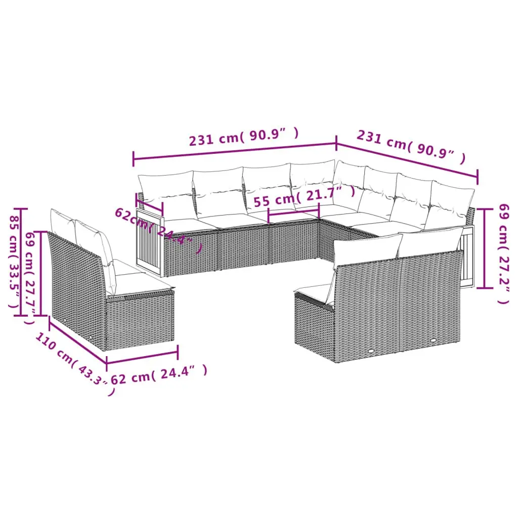 Garden Sofa Set 11 Piece Outdoor Furniture Modular Patio Sectional with Cushions Black