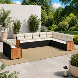 10 Piece Outdoor Garden Sofa Set Patio Furniture with Cushions Black Poly Rattan