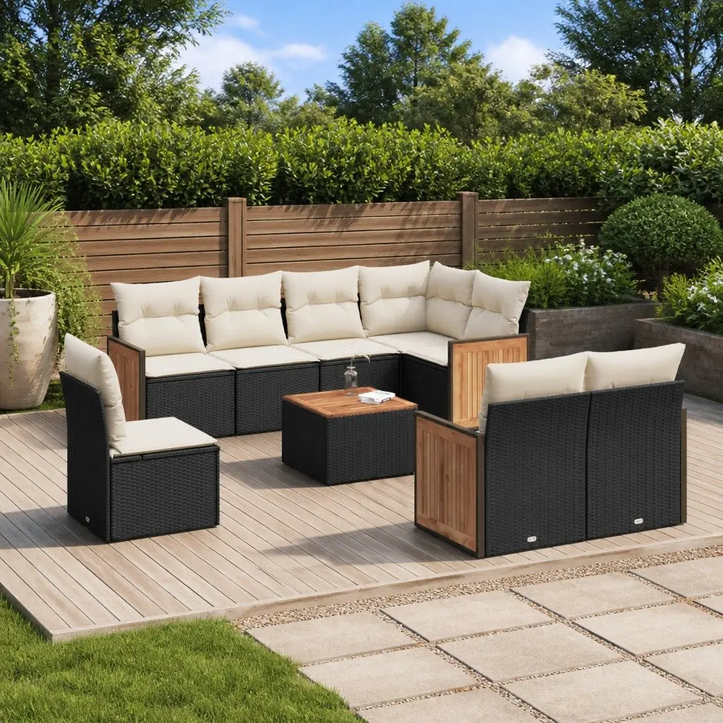 9 Piece Black Rattan Sofa Set with Cushions
