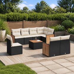 Practical 9 Piece Black Rattan Sofa Set with Cushions