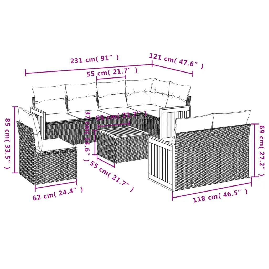 Garden Sofa Set 9 Piece Outdoor Furniture Patio Lounge Cushions Grey