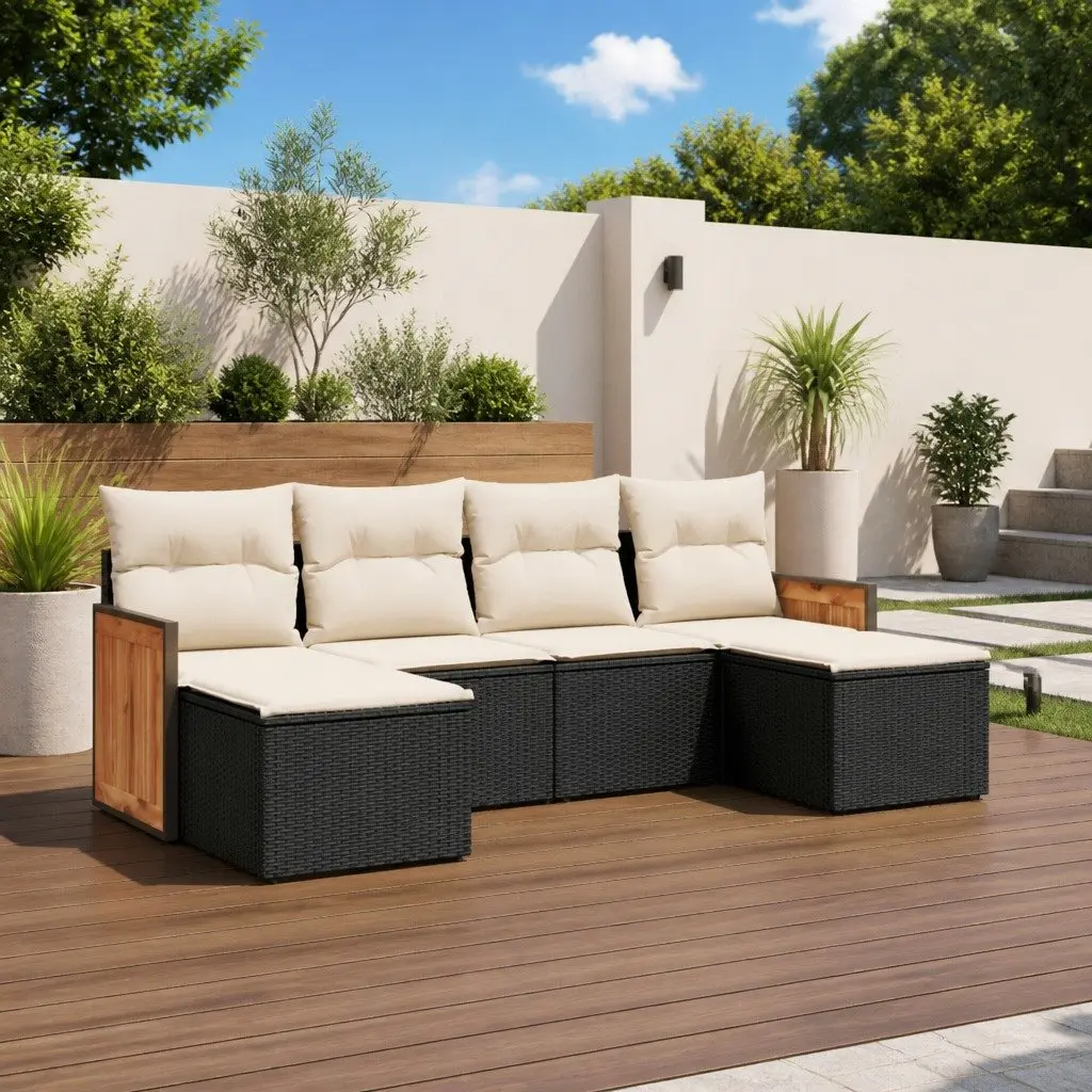 6 Piece Garden Sofa Set with Cushions Black Poly Rattan Patio Furniture