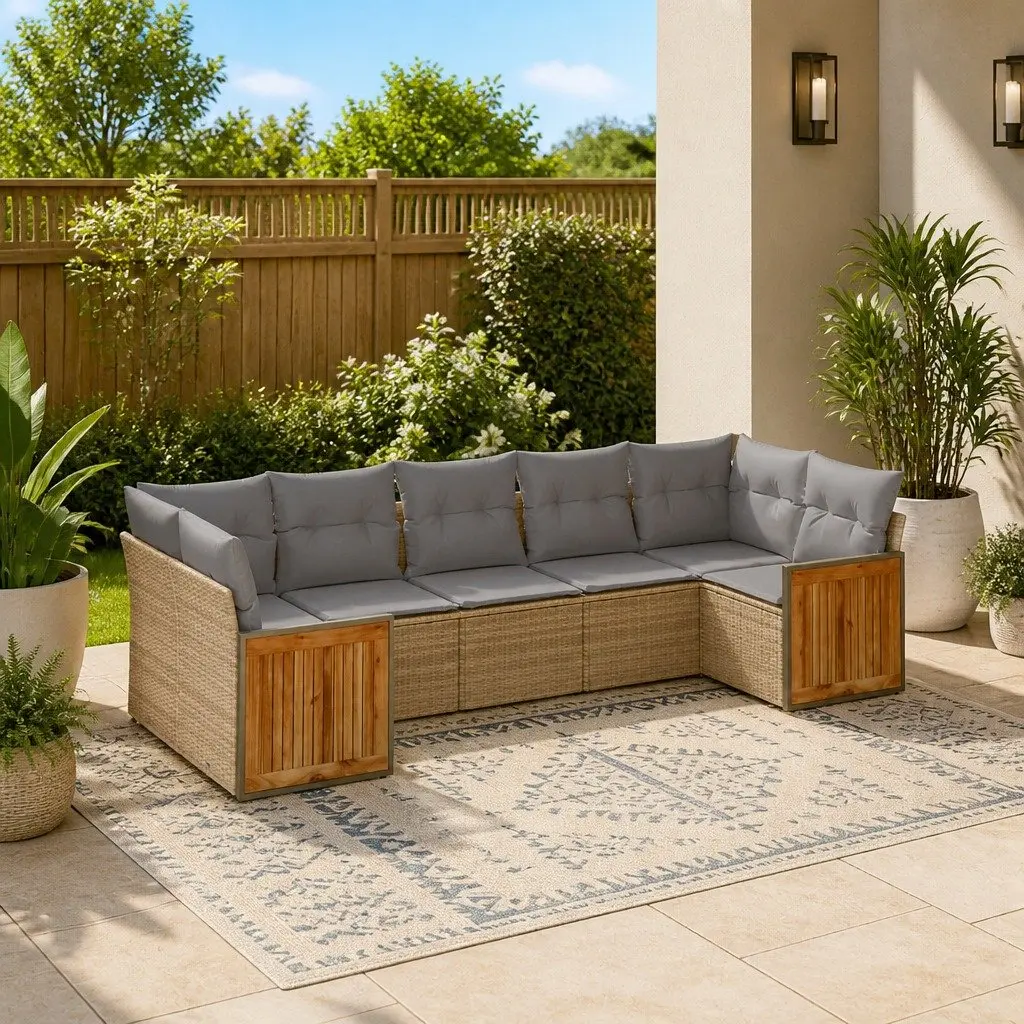 7 Piece Outdoor Sofa Set with Cushions in Beige