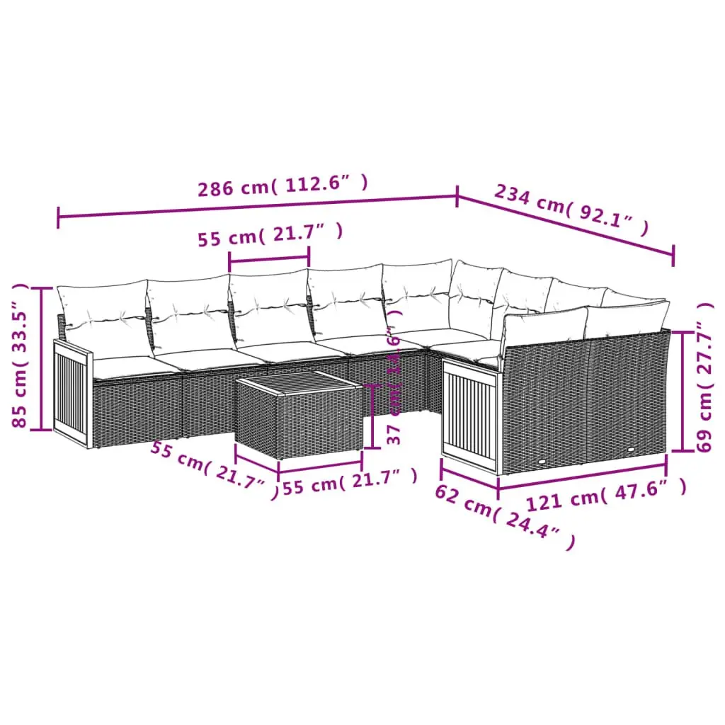 10 Piece Outdoor Garden Sofa Set Modular Patio Furniture Grey Poly Rattan