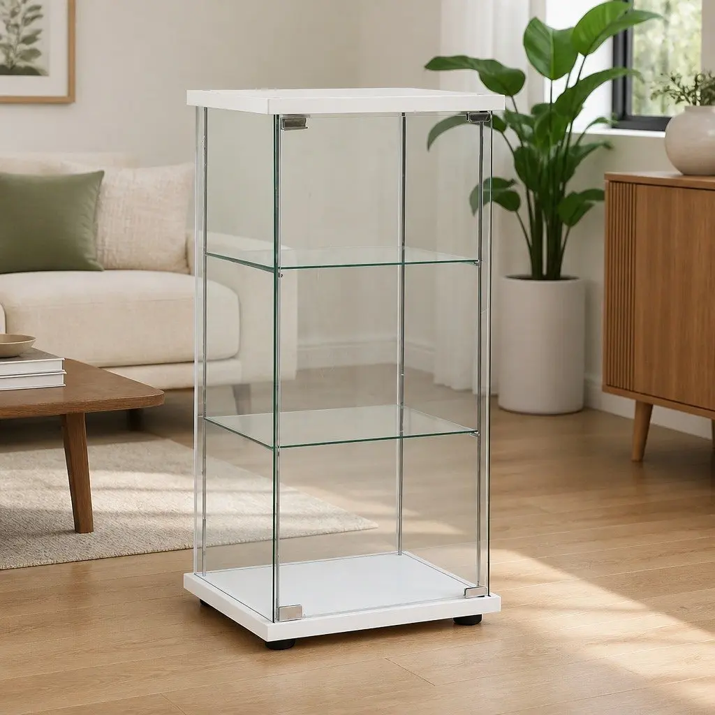 Storage Cabinet Organiser White Tempered Glass Shelves